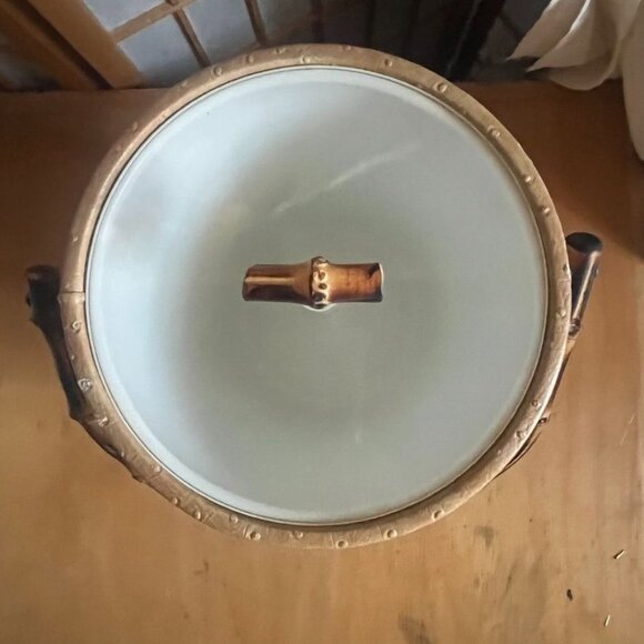 Vintage MCM Faux Ostrich Ice Bucket With Bamboo Handle & Lid READ - Picture 6 of 11